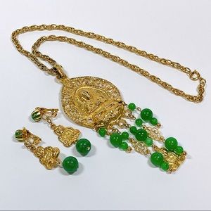 Vintage Goldtone Buddha & Green Faux Jade Necklace & Earrings Set